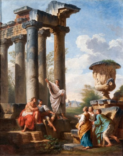 Capriccio with the preaching of a saint, the Medici vase, a ruined temple and the Pyramid of Cestius by Giovanni Paolo Pannini